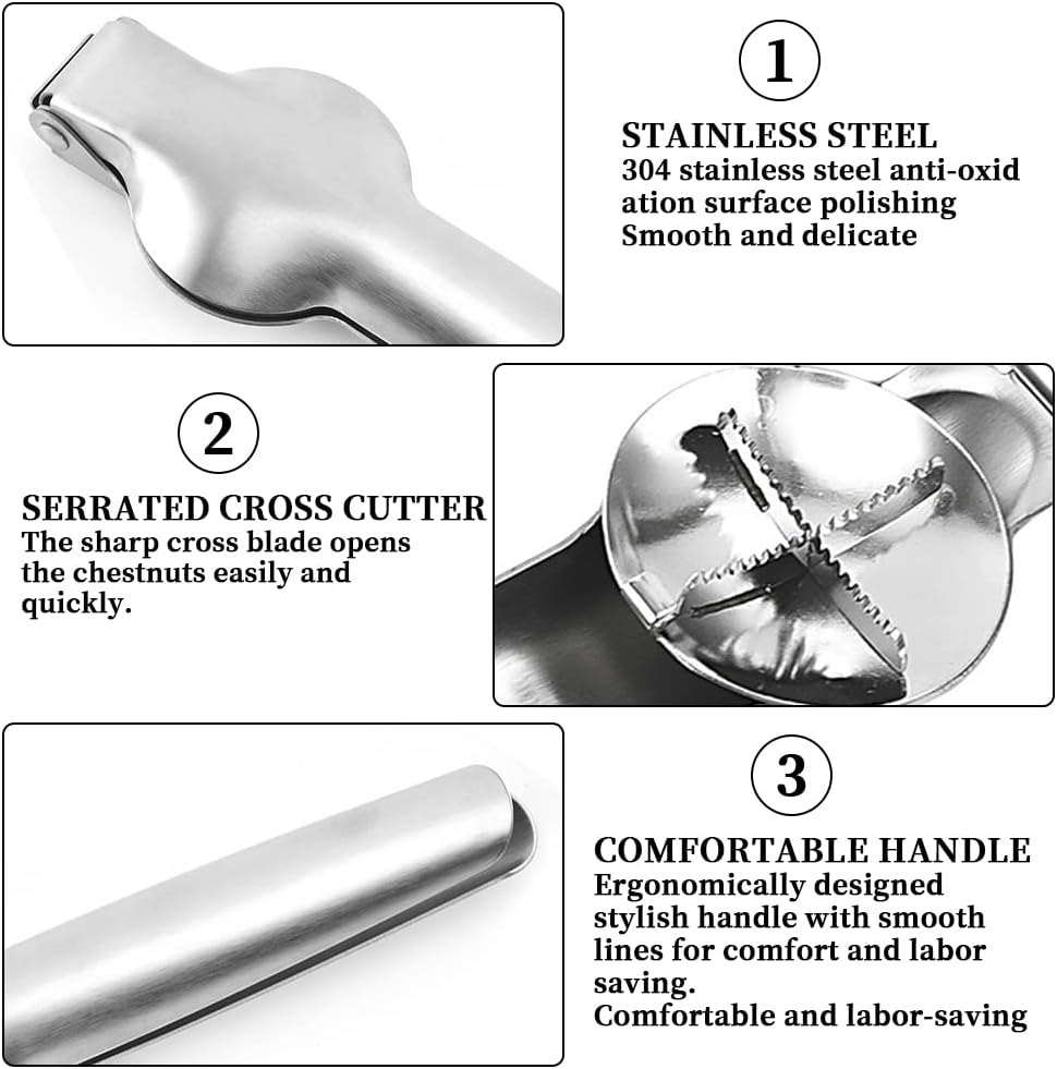 chestnut cutter with ergonomic handle and stabilizing tray for opening chestnuts and walnuts