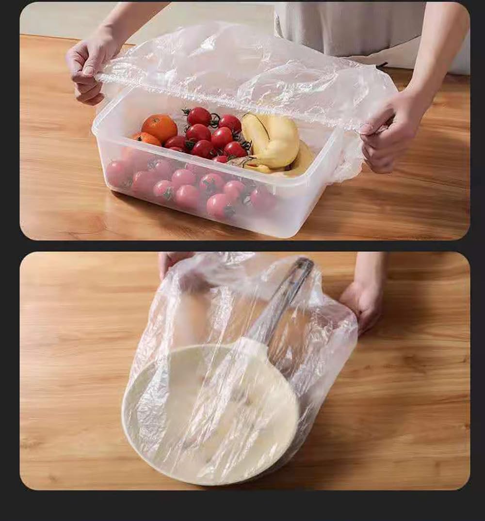 Transparent elastic plastic bowl cover stretched over fruit bowl and frying pan, reusable large food storage cover 60 to 100 cm