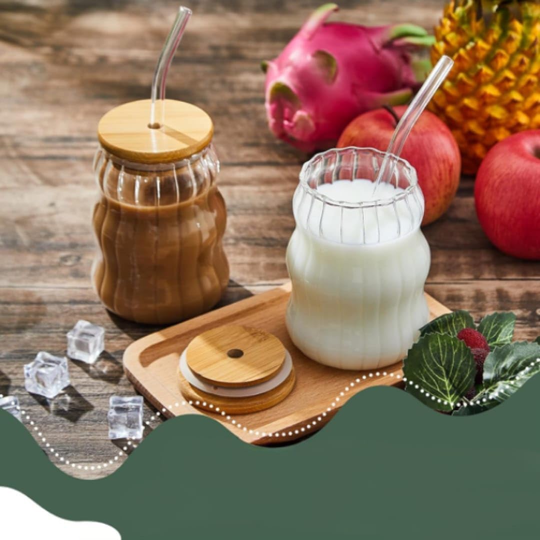 Wavy textured glass mug with airtight lid and reusable straw for juice, milk, green tea and iced coffee, available at Homedash Lebanon