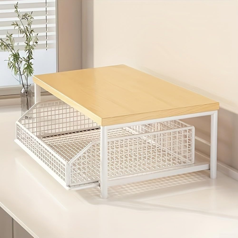 Multi-Level Metal Kitchen Cart with Solid Wood Panel and Sliding Basket