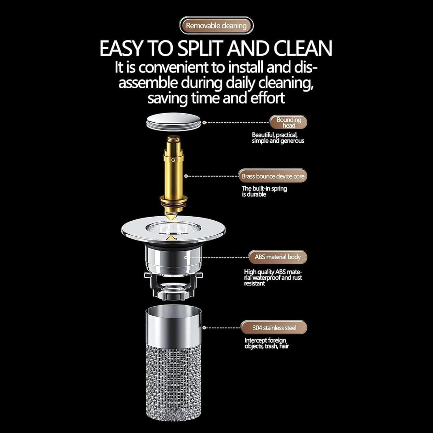 sink filter hair catcher with popup mechanism and rubber rings for universal sink holes