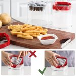 Manual potato chipper and vegetable slicer with stainless steel blades and container for cutting French fries and vegetables
