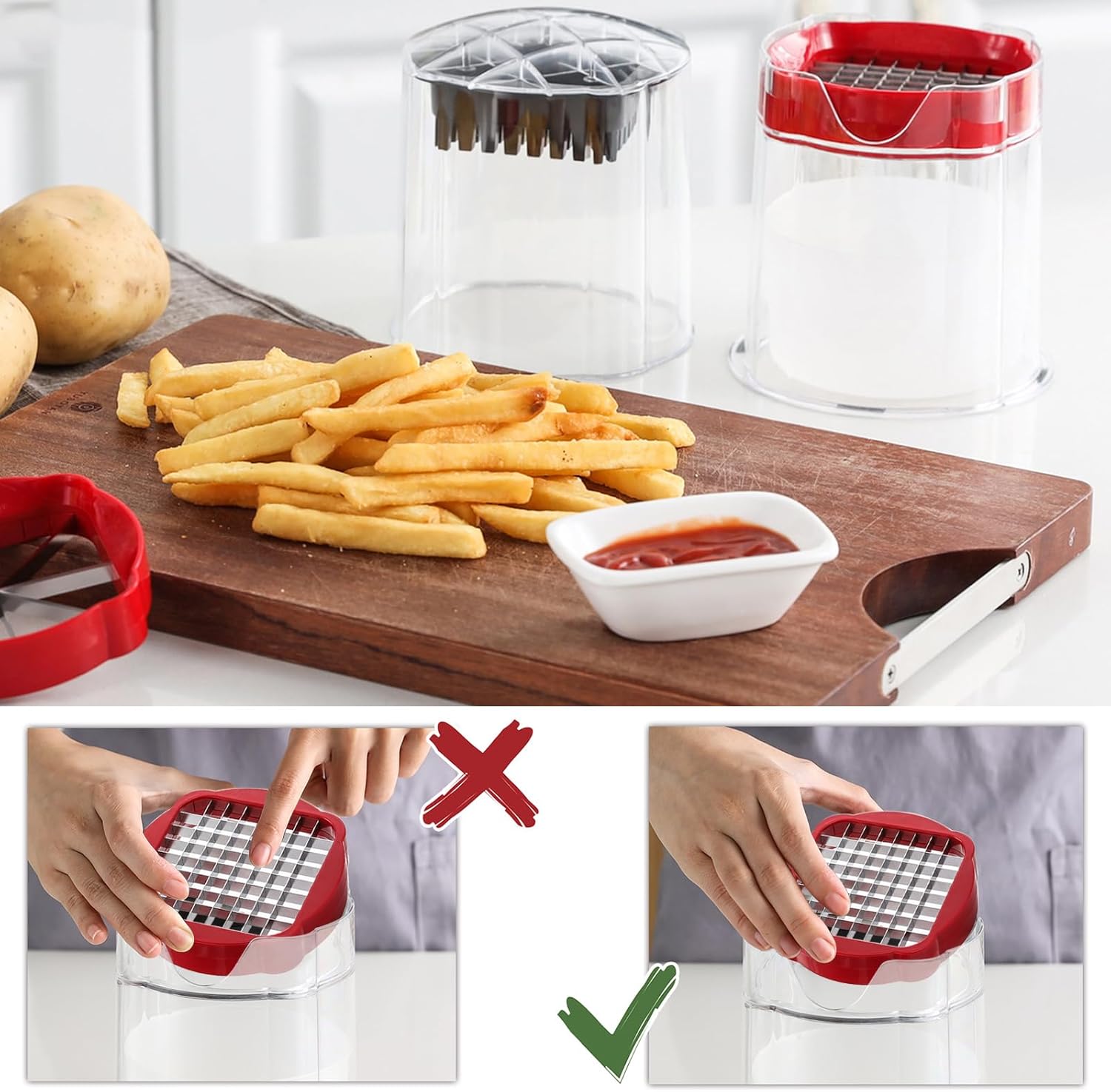 Manual potato chipper and vegetable slicer with stainless steel blades and container for cutting French fries and vegetables