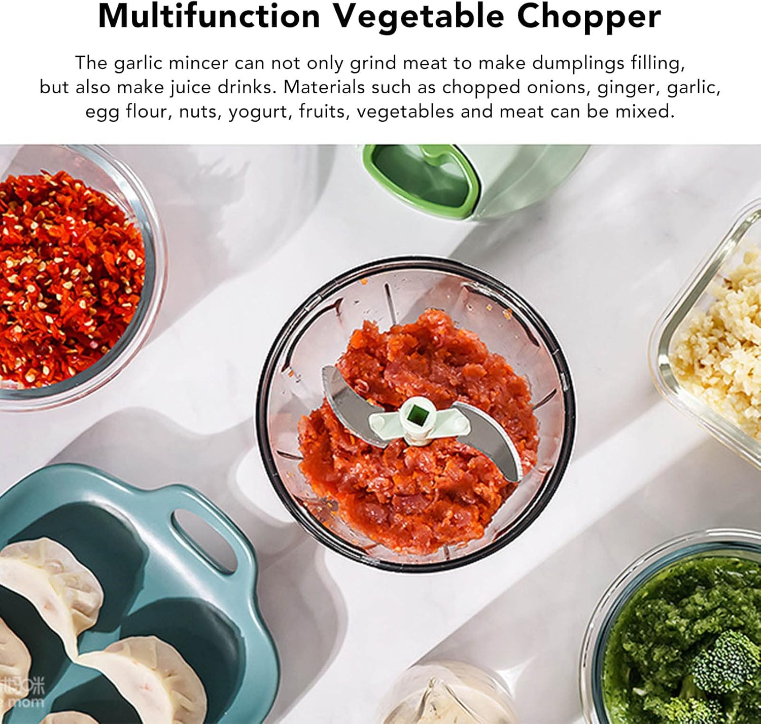 Manual food chopper with pull cord and stainless-steel blades for vegetables, fruits, and meat pastes – shop now from Homedash in Lebanon