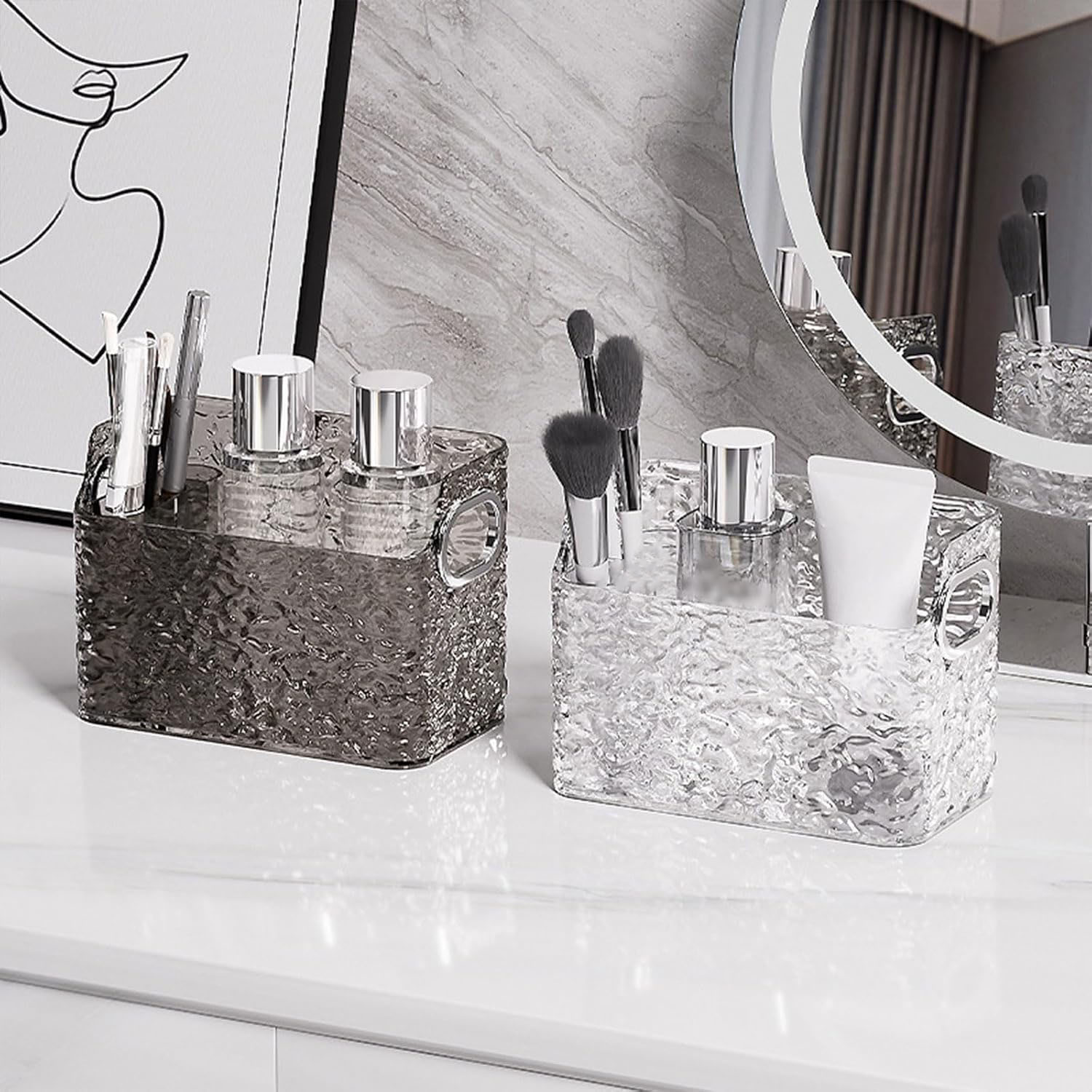 multifunction bathroom organizer box for cosmetics and makeup tools placed on a bedroom vanity counter