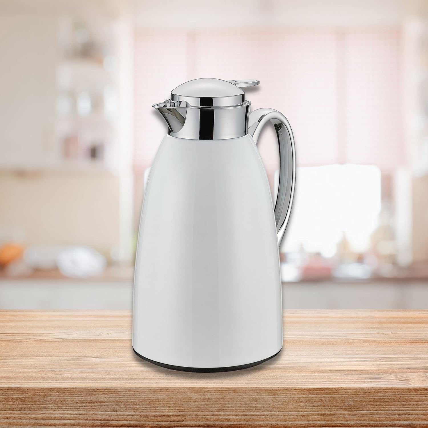 Dosthoff white 1 liter stainless steel vacuum flask with chrome handle and push button lid insulated carafe for hot beverages