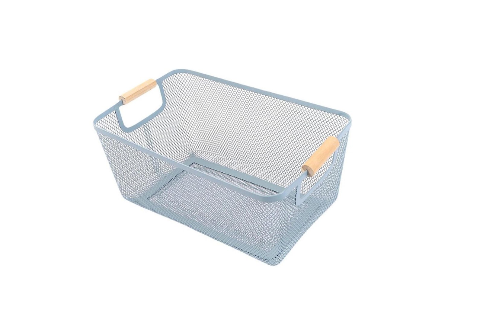 LARGE METAL MESH STEEL STORAGE BASKET WITH WOOD HANDLE - Blue