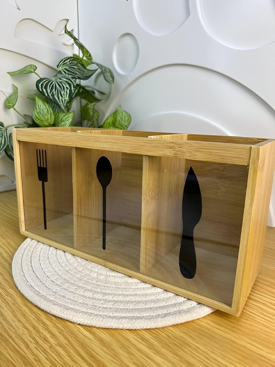 Bamboo & Acrylic 3-Compartment Utensil Holder | Homedash