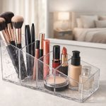 make up - multifunction bathroom organizer box for cosmetics and makeup tools placed on a bedroom vanity counter