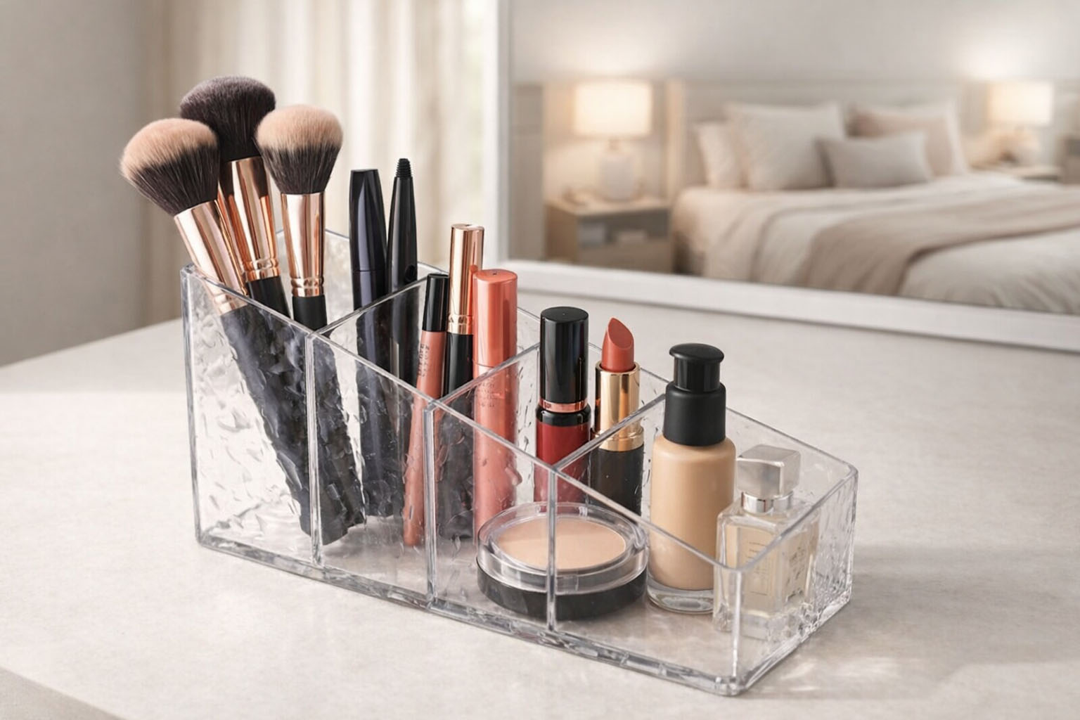 make up - multifunction bathroom organizer box for cosmetics and makeup tools placed on a bedroom vanity counter