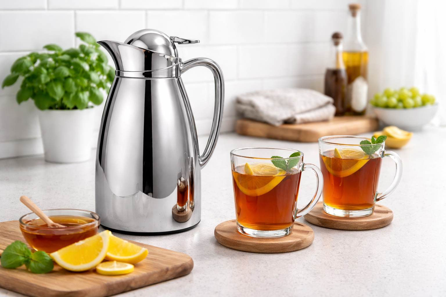 Dosthoff white 1 liter stainless steel vacuum flask with chrome handle and push button lid insulated carafe for hot beverages