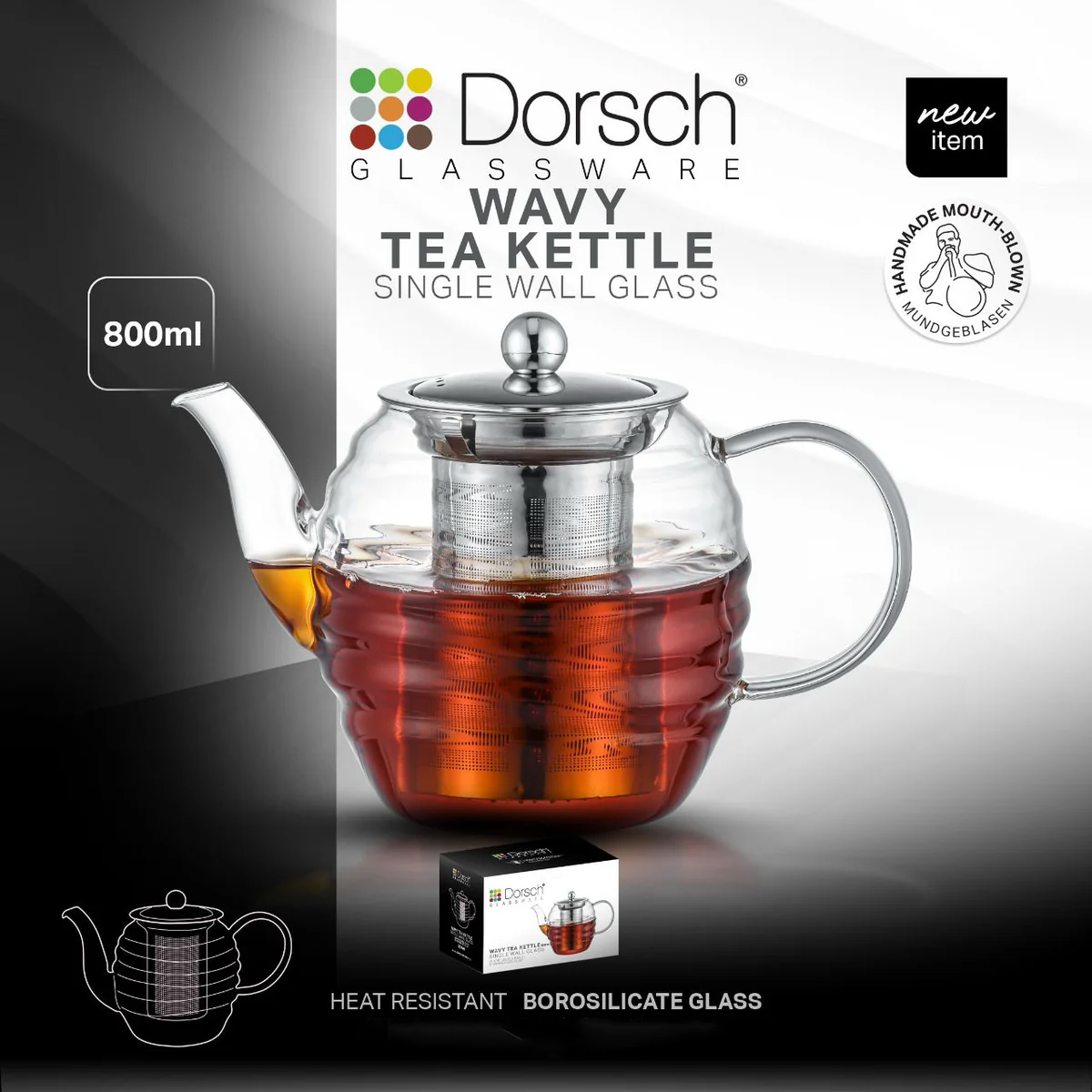 glass wavy tea pot with stainless steel infuser for brewing loose leaf tea