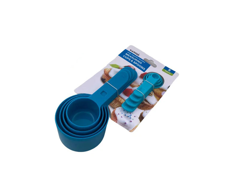 measuring cups and spoons set in durable plastic with ring holder for organized kitchen storage