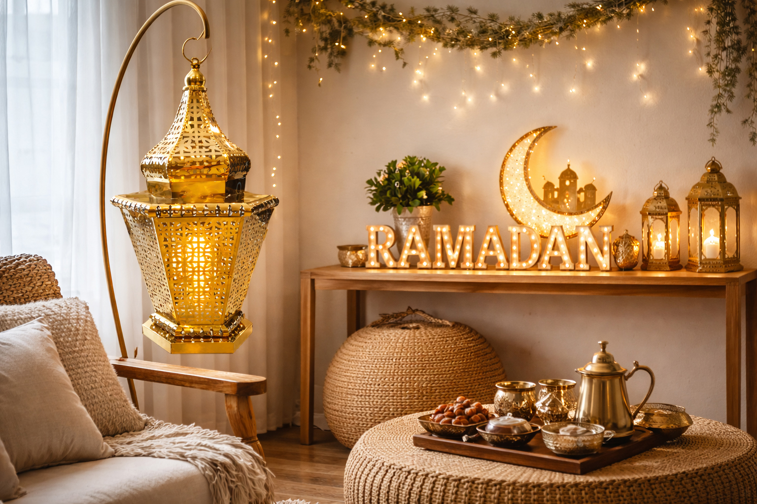 Large Golden Ramadan LED Lantern Hanging Metal Decor Homedash
