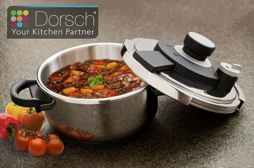 Dorsch GoPress stainless steel pressure cooker set 6L and 8L with glass lid and pressure lid for induction cooktops