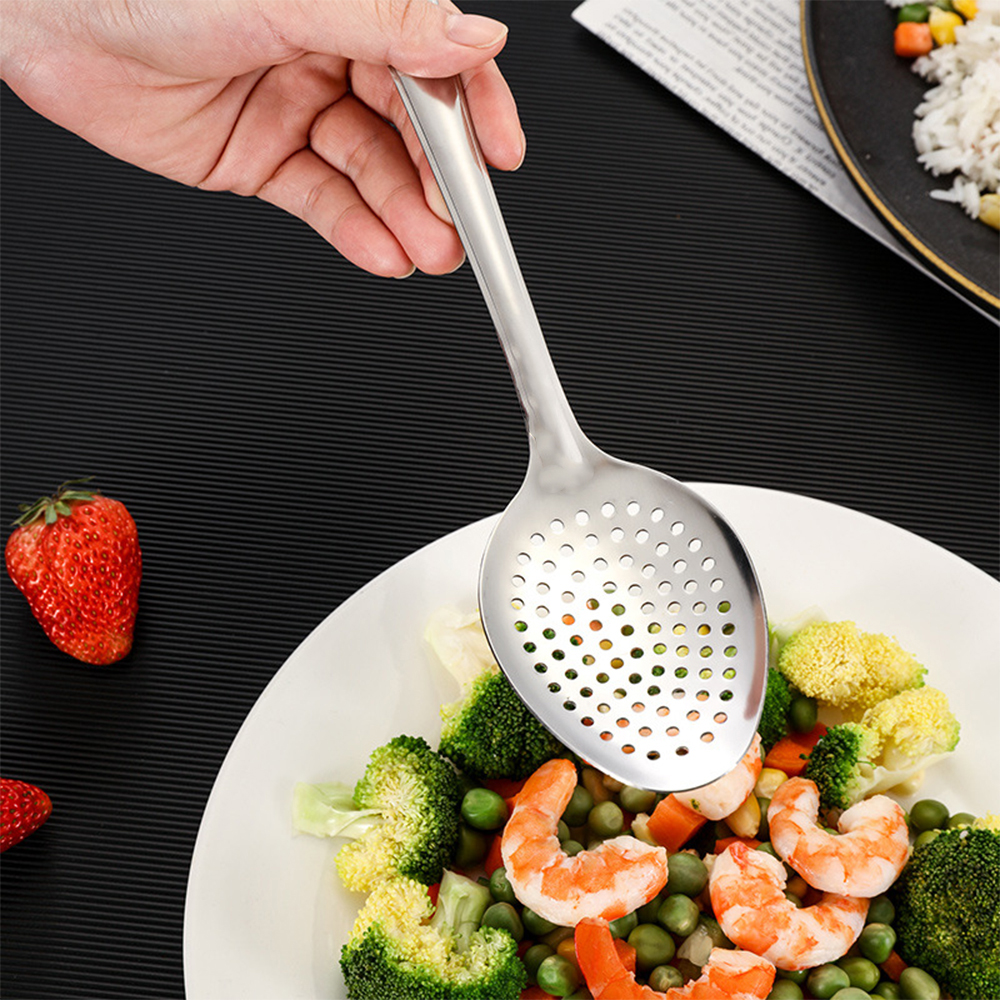 Stainless steel skimmer slotted spoon 27.2cm with perforated head and hanging hole handle for draining and serving food