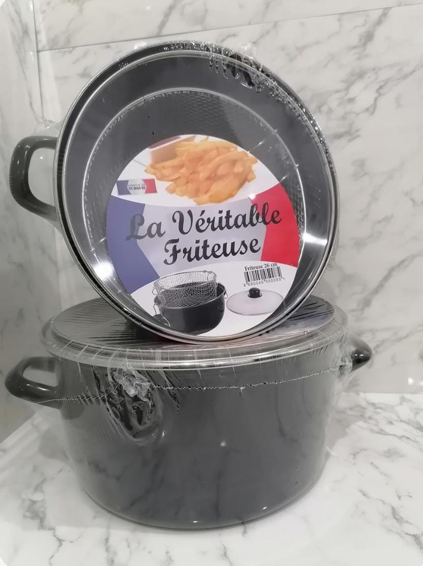 coated deep fryer pot with stainless steel base, glass lid, and frying basket suitable for gas, electric, and induction cooktops