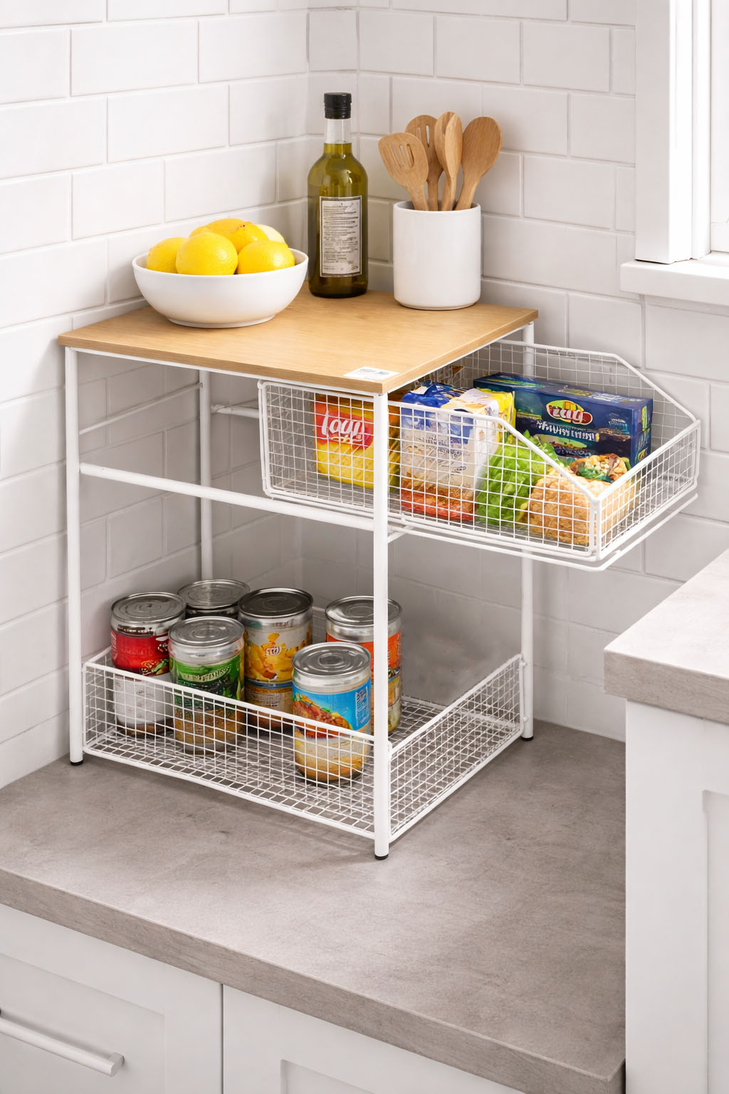 Multi-Level Metal Kitchen Cart with Solid Wood Panel and Sliding Basket