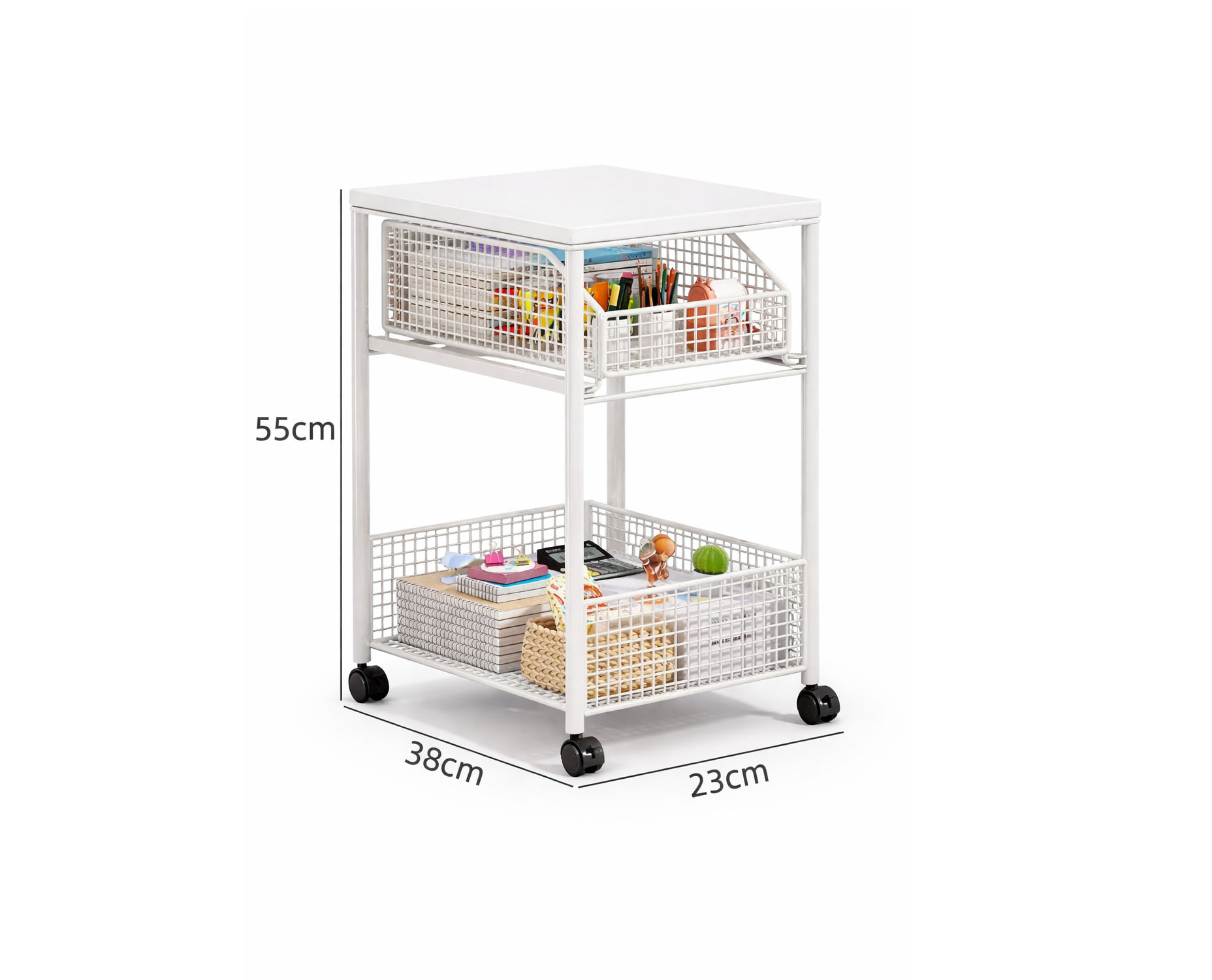 Metal kitchen cart with solid MDF wood shelves, sliding basket, and lockable wheels for kitchen organization