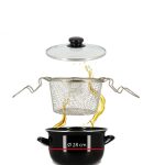 coated deep fryer pot with stainless steel base, glass lid, and frying basket suitable for gas, electric, and induction cooktops