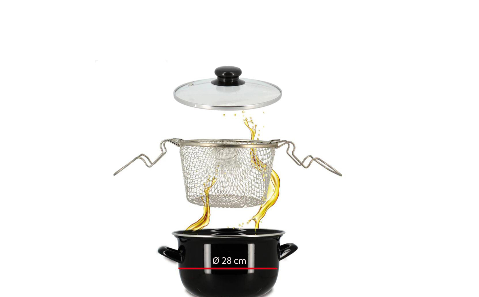 coated deep fryer pot with stainless steel base, glass lid, and frying basket suitable for gas, electric, and induction cooktops