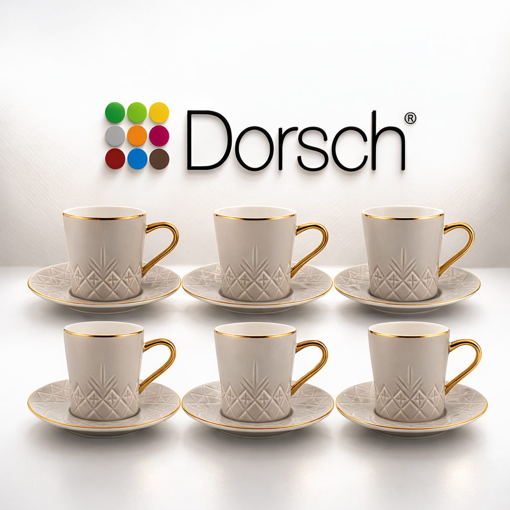 Dorsch Regency Creme Coffee Cup Set 6 Pcs DH-09334 Porcelain Cups With Saucers