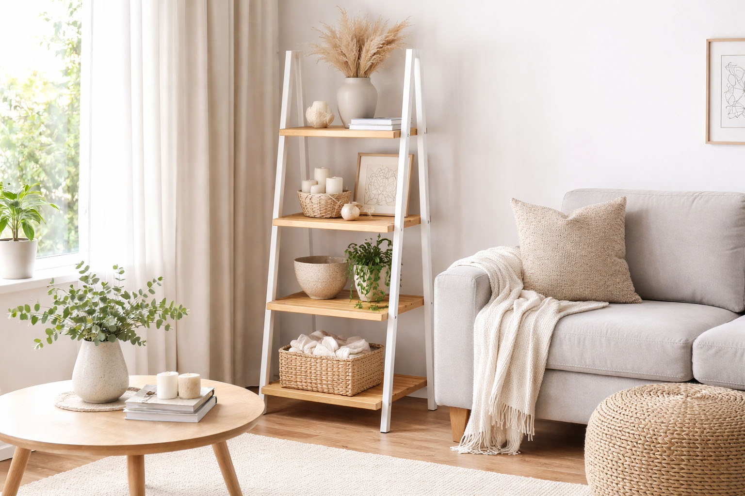 4 tier wooden organizer ladder shelf with natural wood shelves and black legs used for plant display and home storage