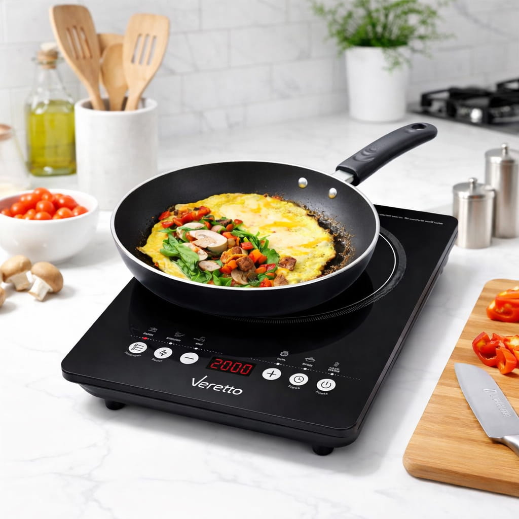 portable induction cooker with digital touch control panel and frying pan on modern induction cooktop