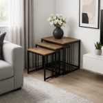 Modern set of 3 nesting side tables with wood top and black metal frame for living room in Lebanon
