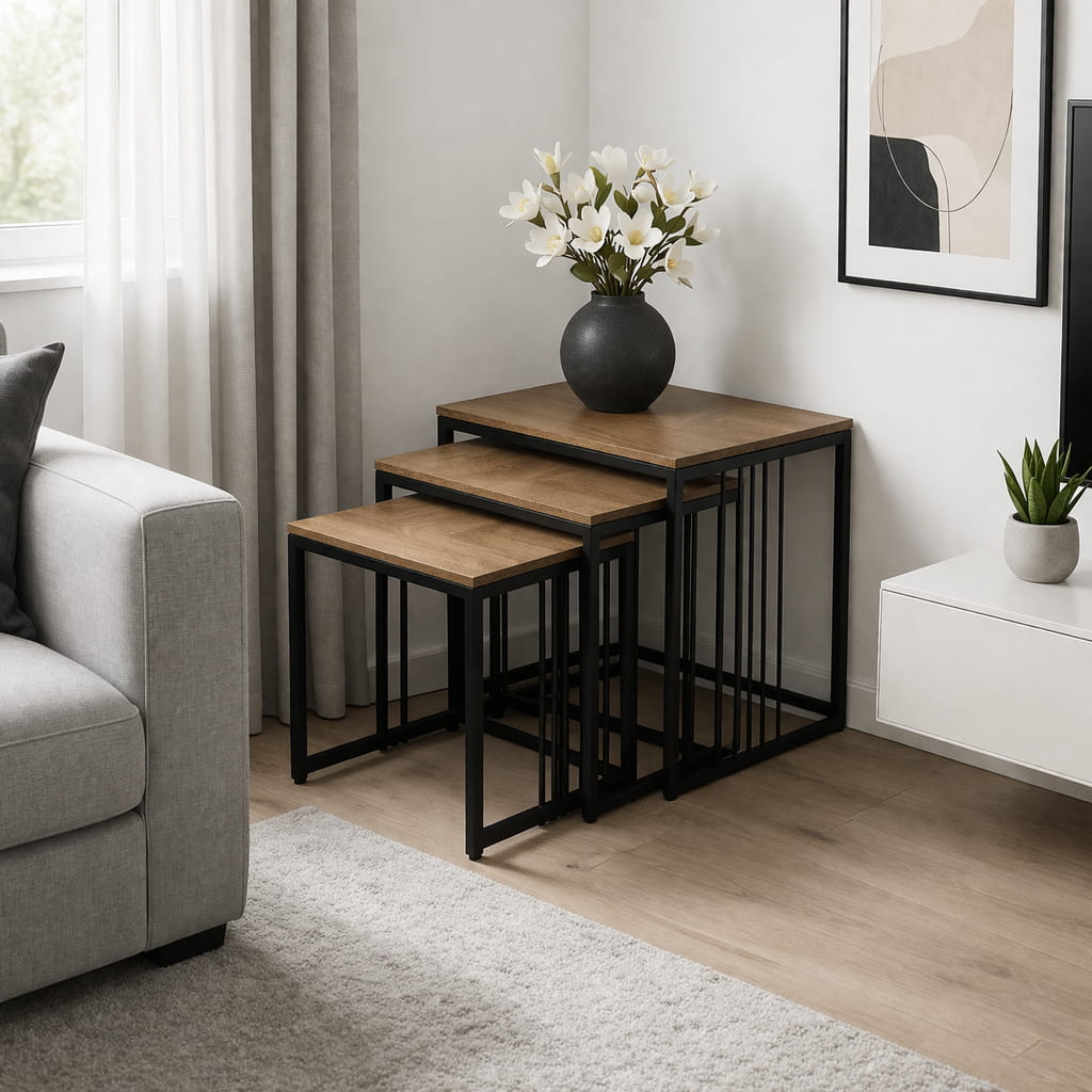 Modern set of 3 nesting side tables with wood top and black metal frame for living room in Lebanon