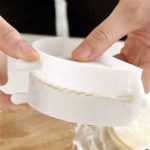 3-piece dumpling mould set with dough press and plate of dumplings on white background for sambousek and pastry making