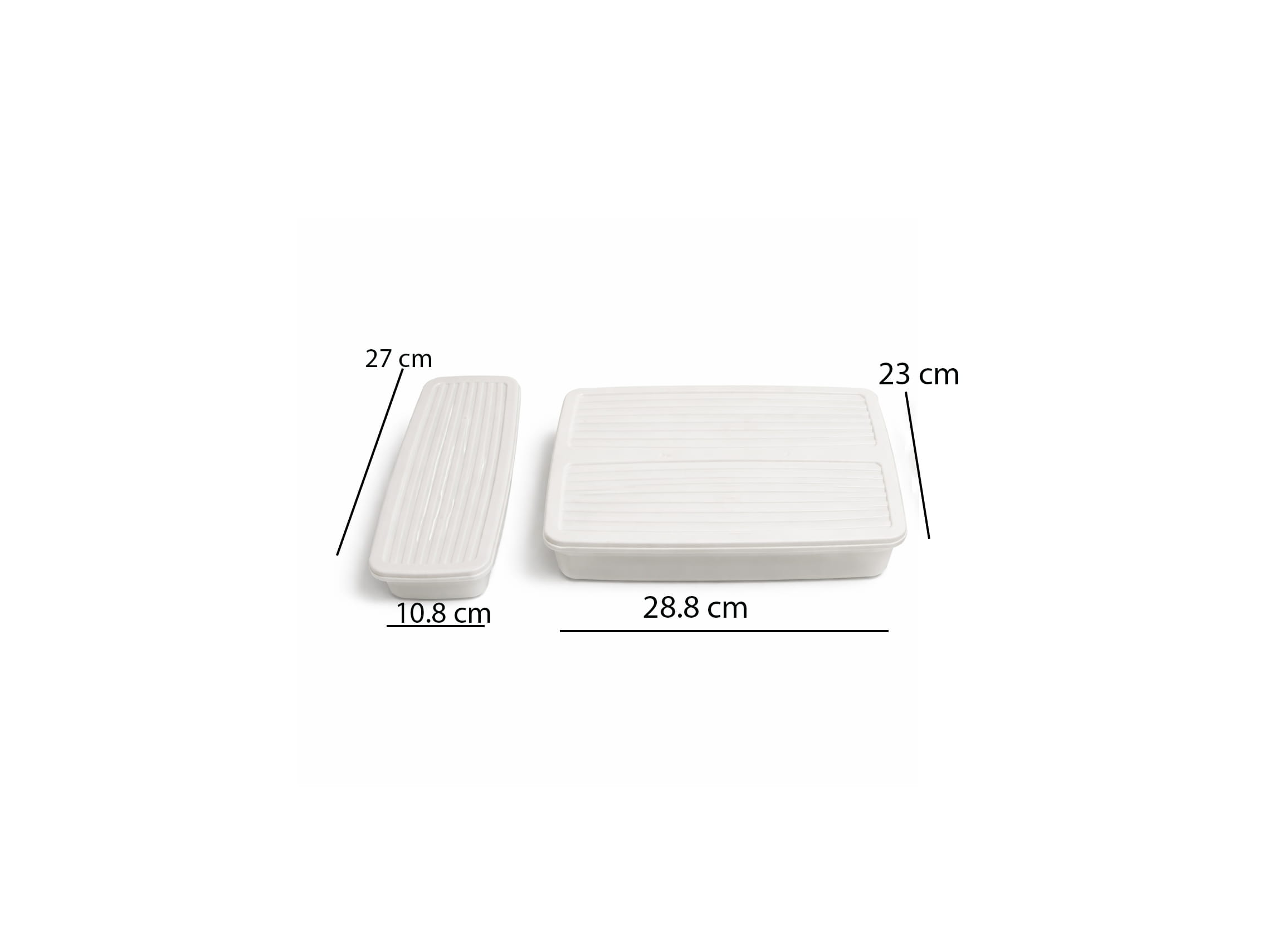 Rectangular set of 3 plastic food storage containers with airtight lids including one large and two medium containers for kitchen organization.