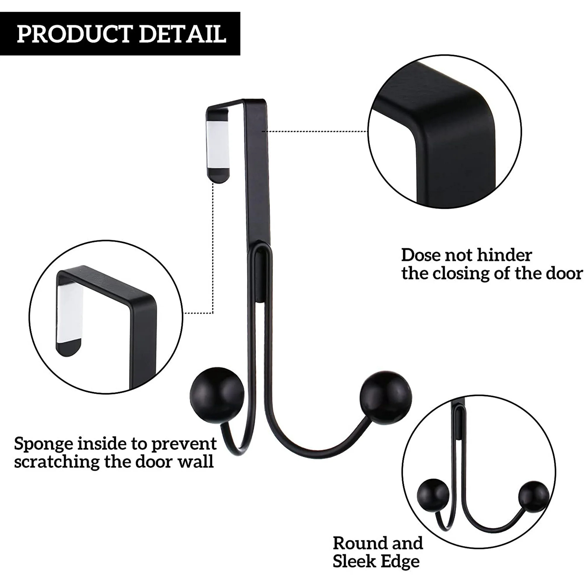 Black metal over the door hanger hook holding a handbag, space-saving door hook organizer for coats, bags and towels.