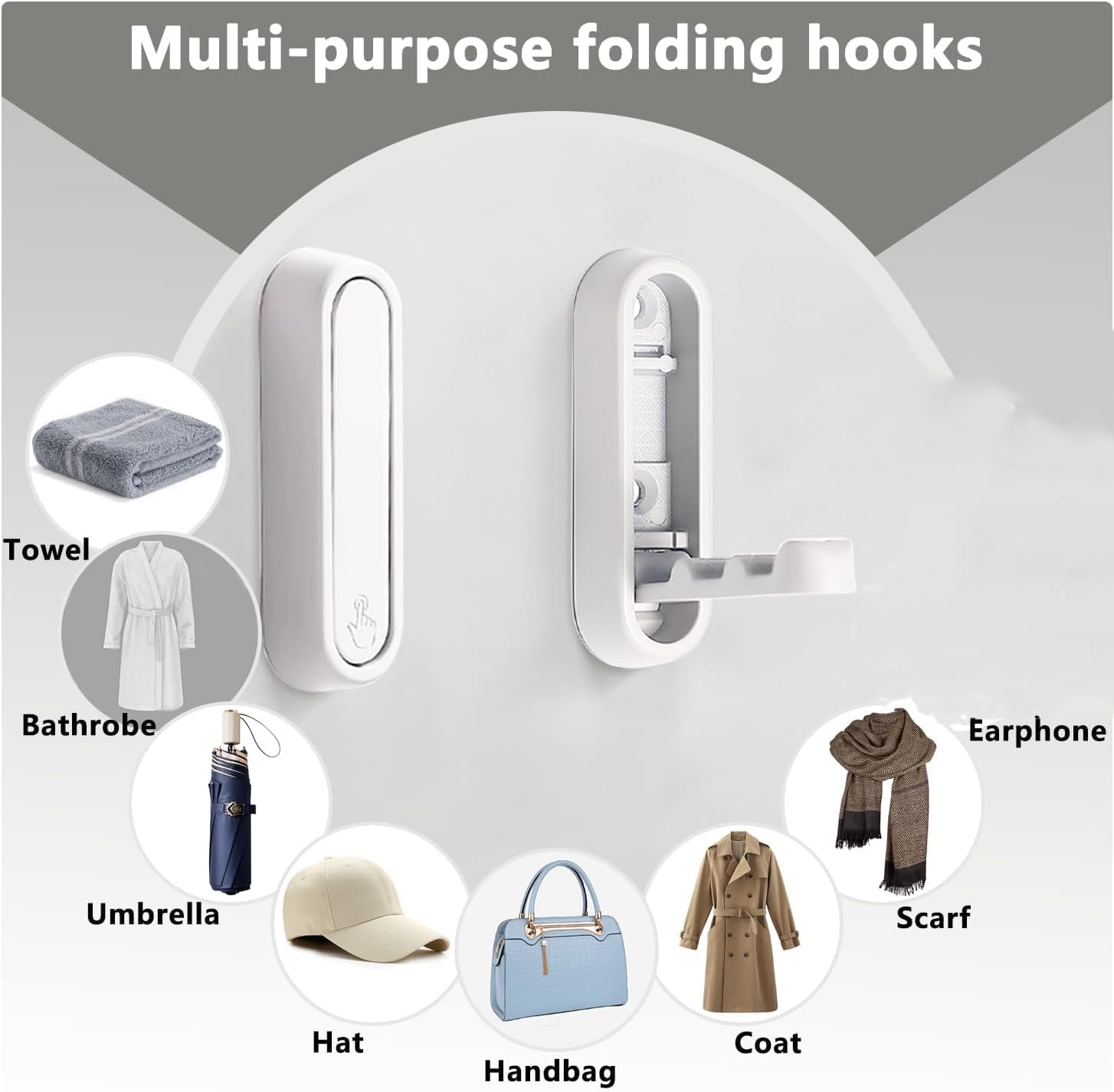 Foldable 90 degree wall hook mount used for hanging bags, headphones, or coats on the wall