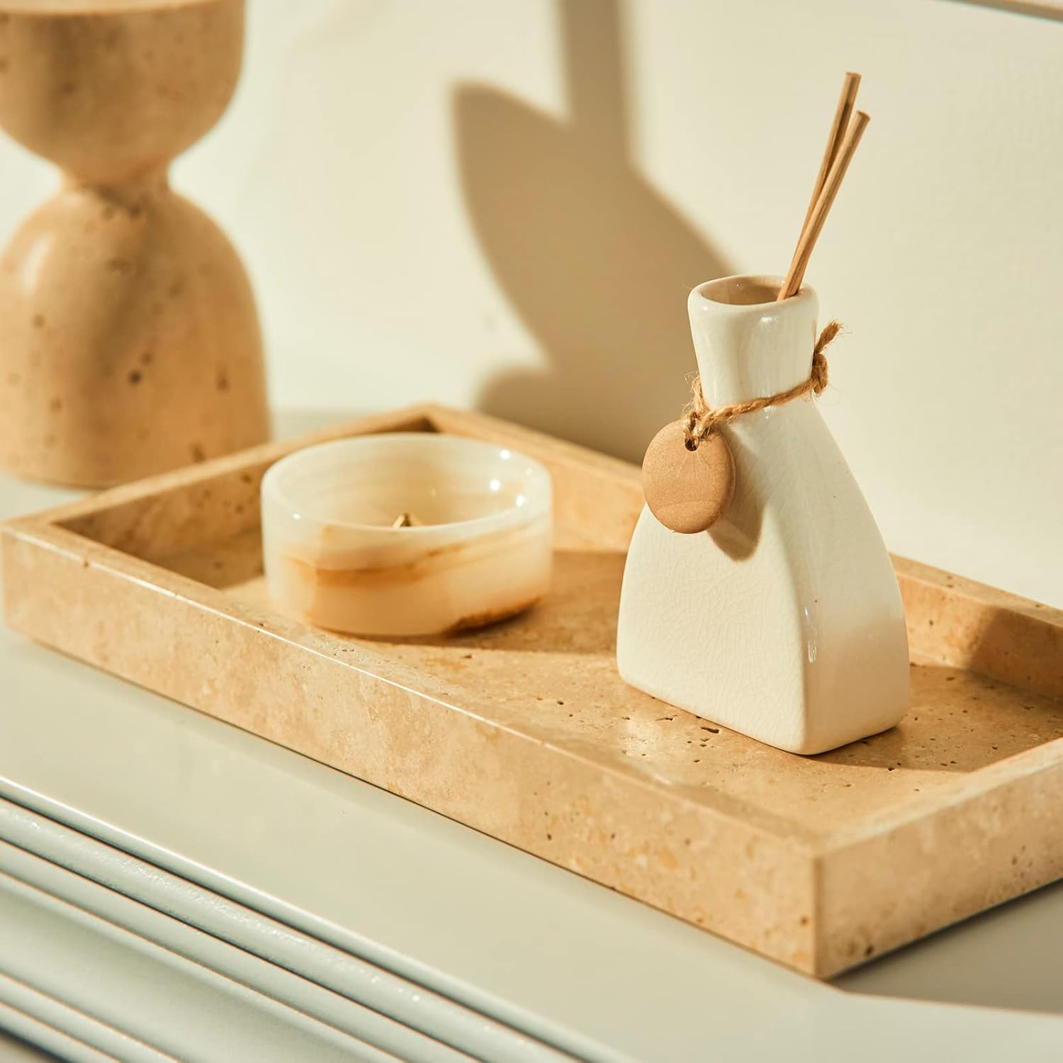 Beige natural travertine marble vanity tray for bathroom counter organizer and decorative serving tray – shop now from Homedash in Lebanon