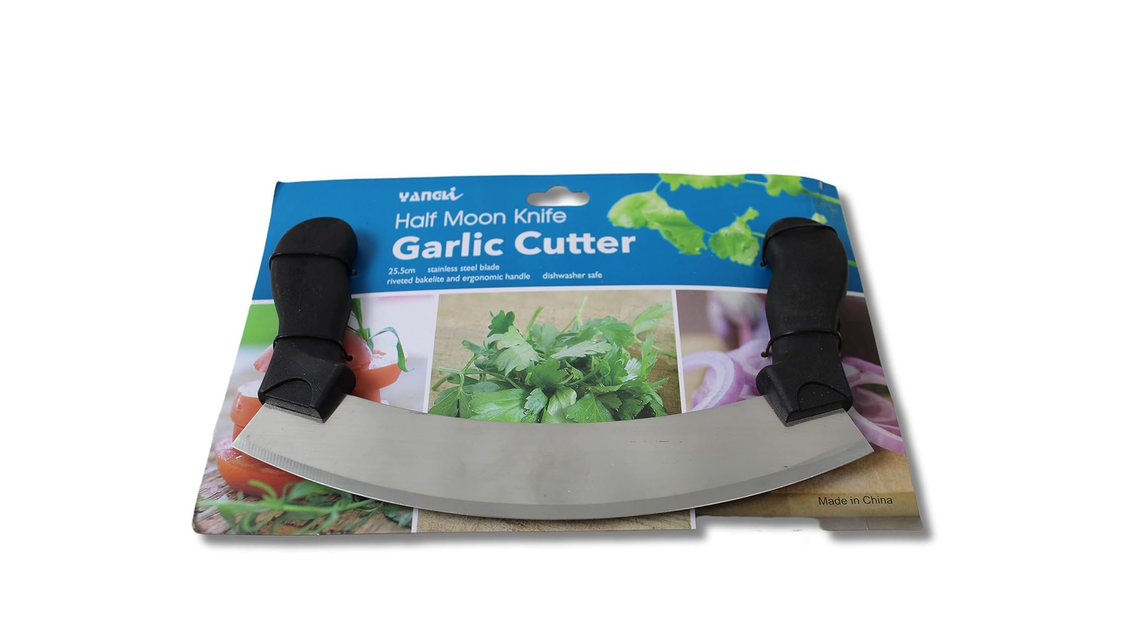 molokhia chopper with sharp blade and ergonomic plastic handle for chopping herbs and leafy vegetables.