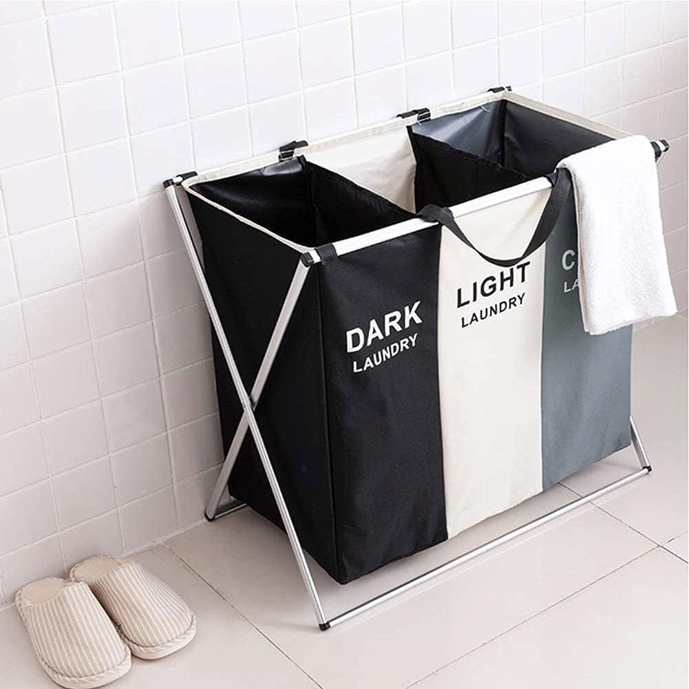 3 section laundry basket with stand black white grey foldable laundry sorter with compartments