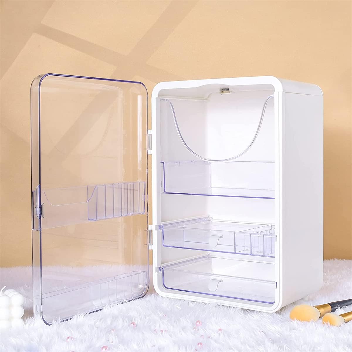 cosmetic organizer with double doors, drawers, and compartments storing makeup, skincare bottles, and beauty products