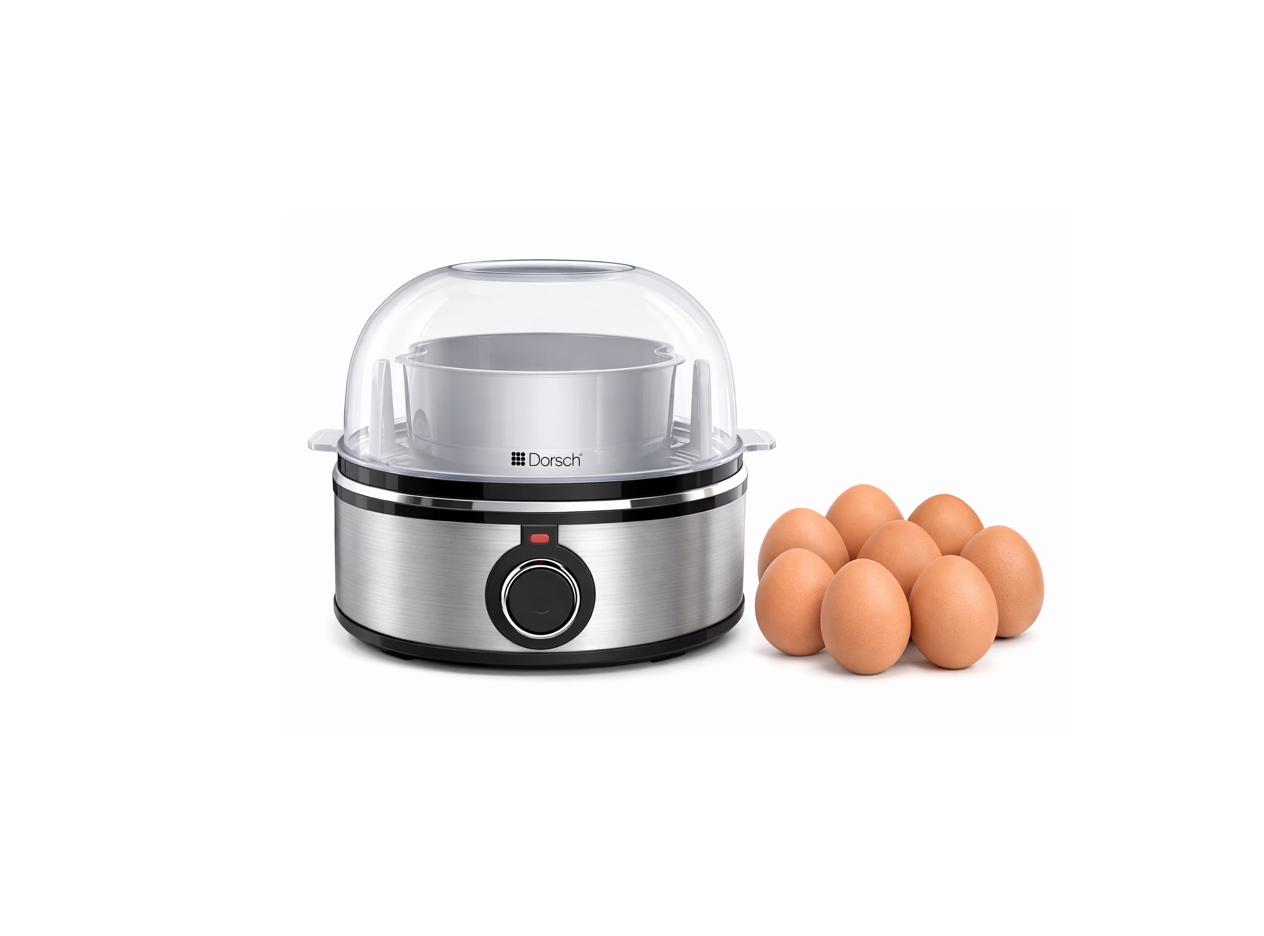 Dorsch DH-07905 electric egg boiler with 7 eggs capacity and omelet tray on a modern kitchen counter