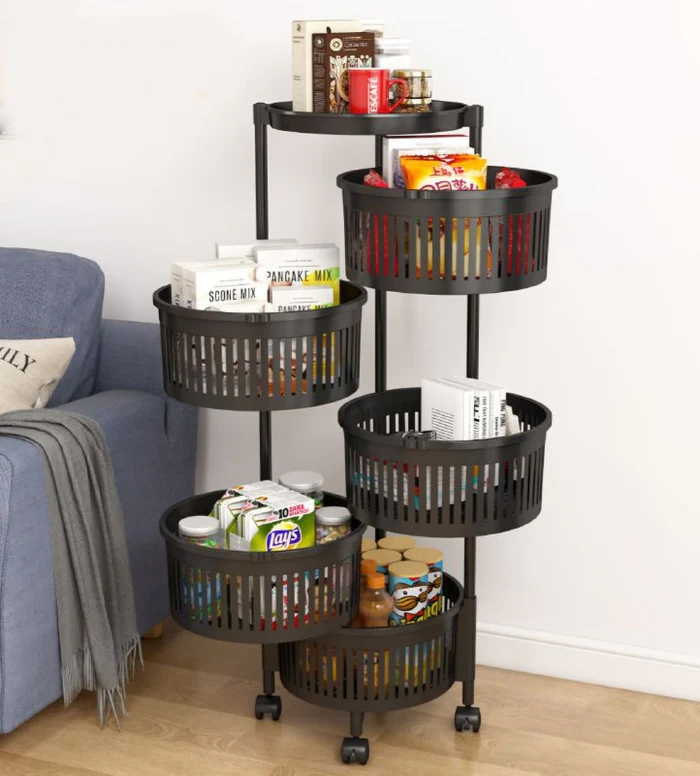 5 Tier Rotating Storage Organizer Shelf with Locking Wheels