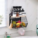 Heavy duty black magnetic fridge shelf with wooden lid and four hooks for kitchen storage and pantry organization