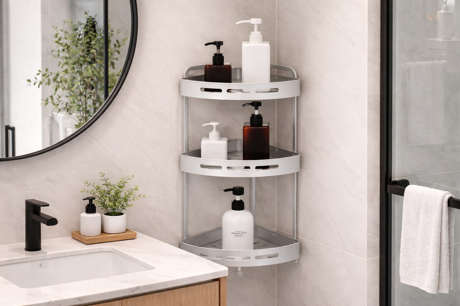 3 tiers aluminum corner shower bathroom shelf organizer for storing shampoo soap and bathroom accessories in a space saving corner design.