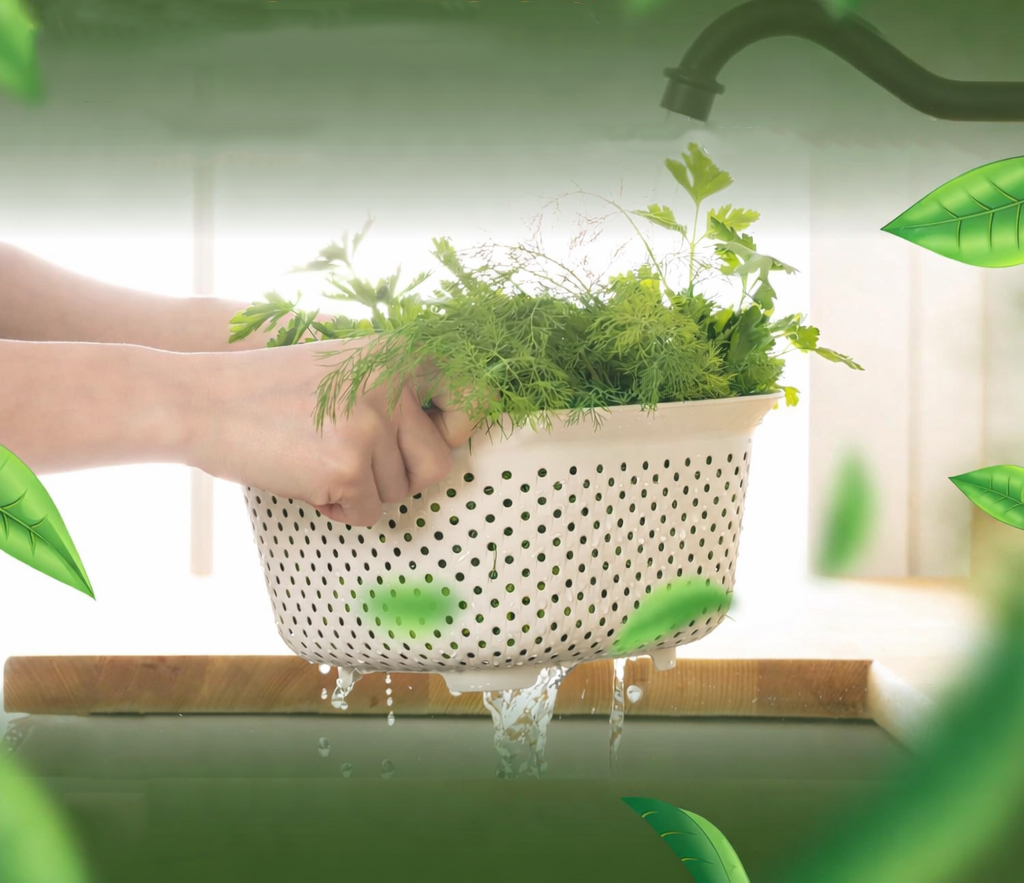 Square bowl with removable strainer insert for washing vegetables, draining pasta and serving salads – kitchen bowl from Homedash Lebanon.