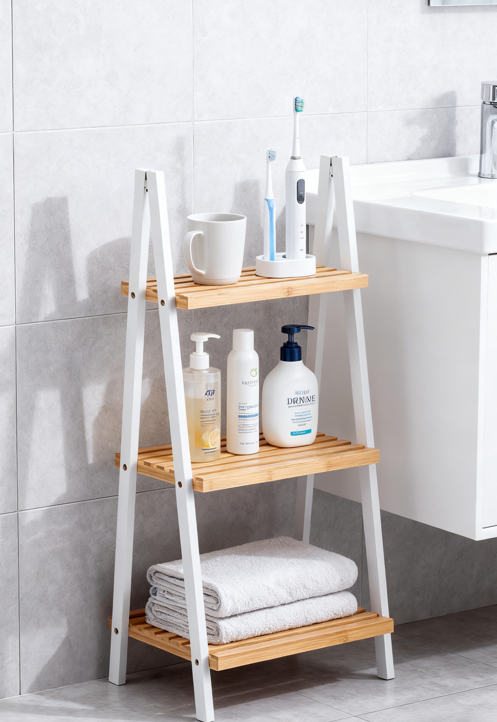 3 tier wooden organizer ladder shelf with natural wood shelves and black legs used for plant display and home storage