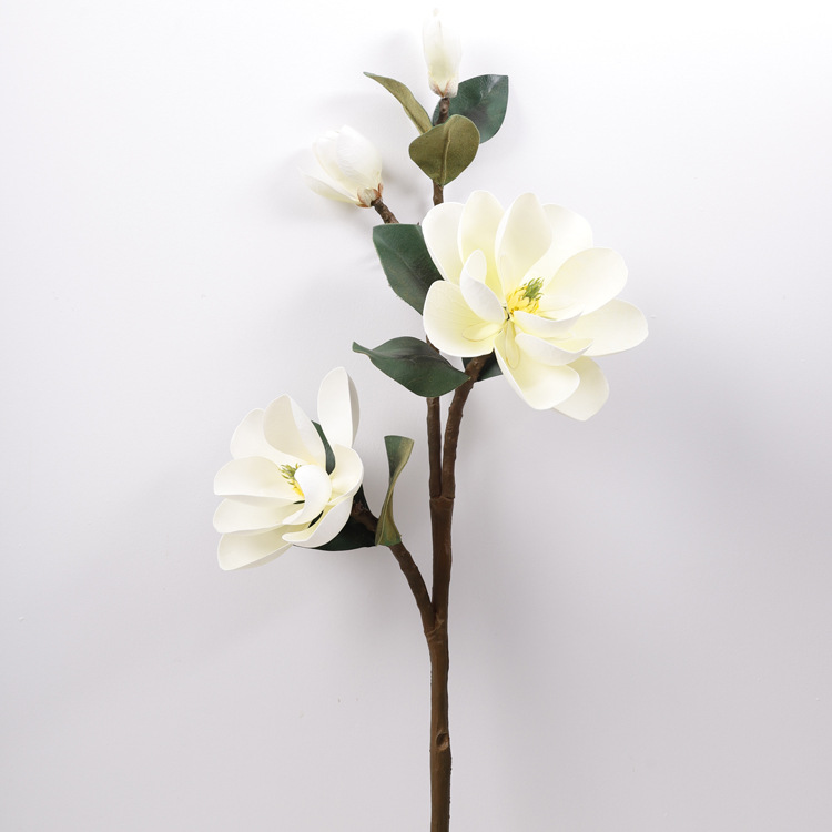 artificial magnolia flower stem with four silk blooms and green leaves 105 cm