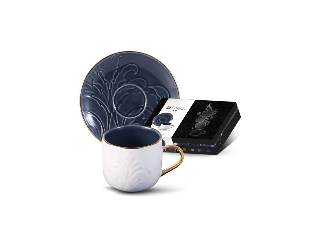 Dorsch Leaf Navy Coffee Cup Set 6 Pcs DH-09320 Porcelain Cups With Saucers