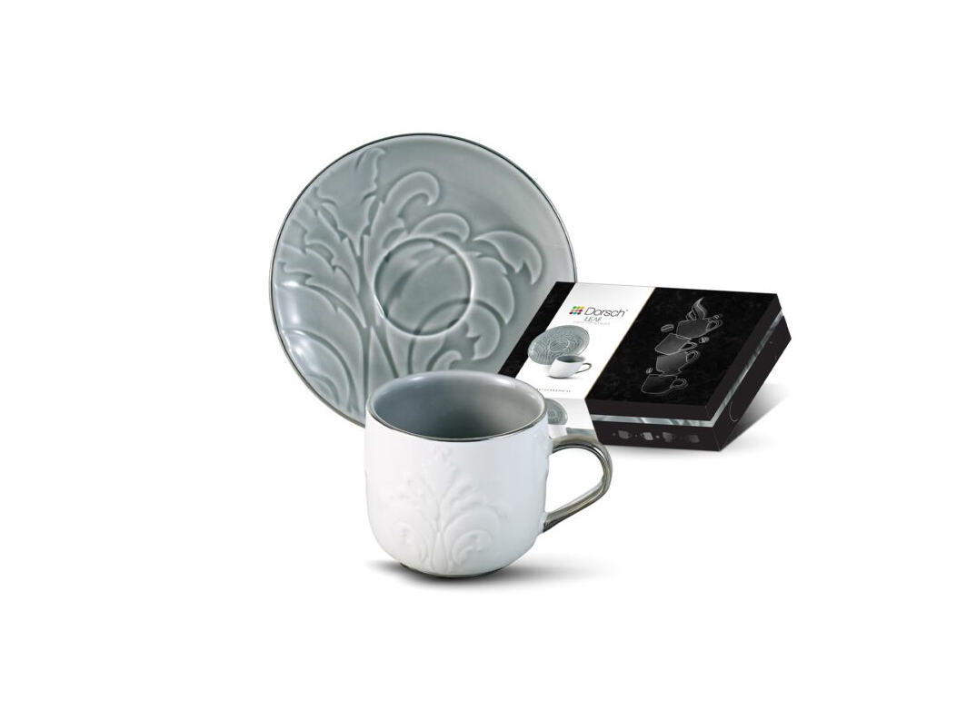 Dorsch Leaf Olive Coffee Cup Set 6 Pcs DH-09334 Porcelain Cups With Saucers