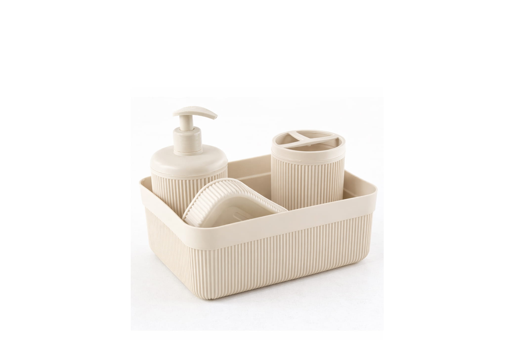 bathroom accessory set with dispenser, holder, tray and basket