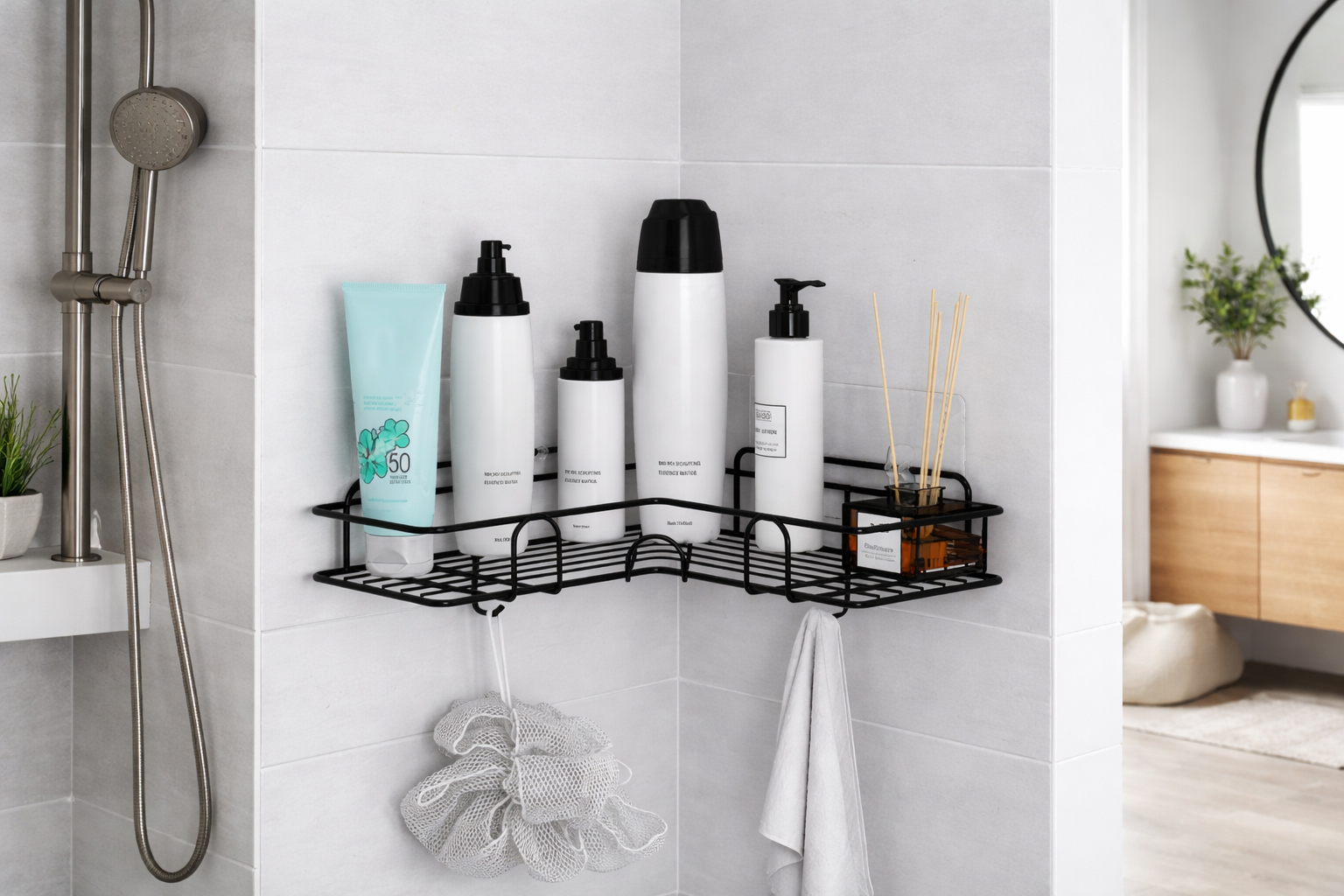 adhesive bathroom corner shelf organizer with hanging hooks storing bottles and accessories
