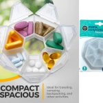 Compact 7-day pill box organizer with labeled compartments and easy open lids on white background